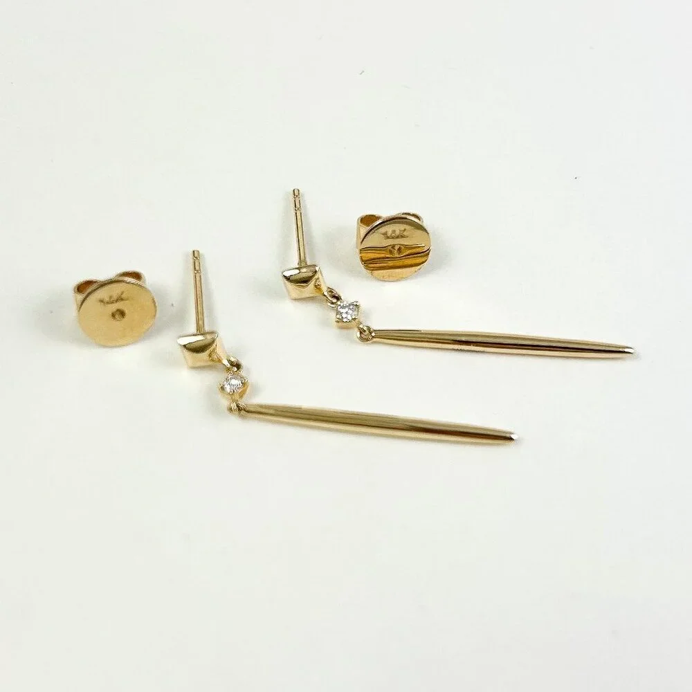 14k Yellow Gold Spike Dangle Earrings w/ Diamond, Post NWT .05ctw